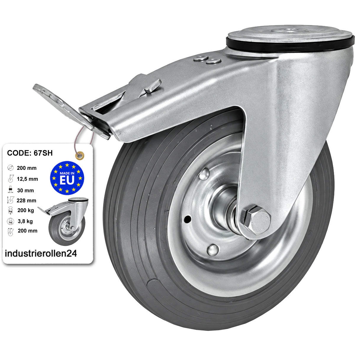 Metall-Gummiräder mit Befestigungsstift mit Zentralbohrung und Bremse Ø200 mm Code: 67SH