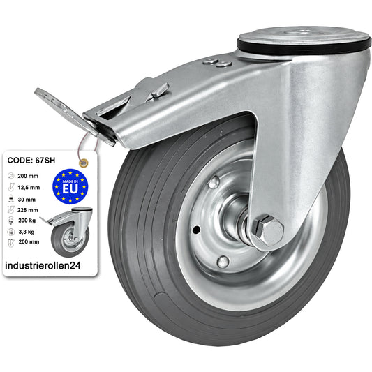 Metall-Gummiräder mit Befestigungsstift mit Zentralbohrung und Bremse Ø200 mm Code: 67SH