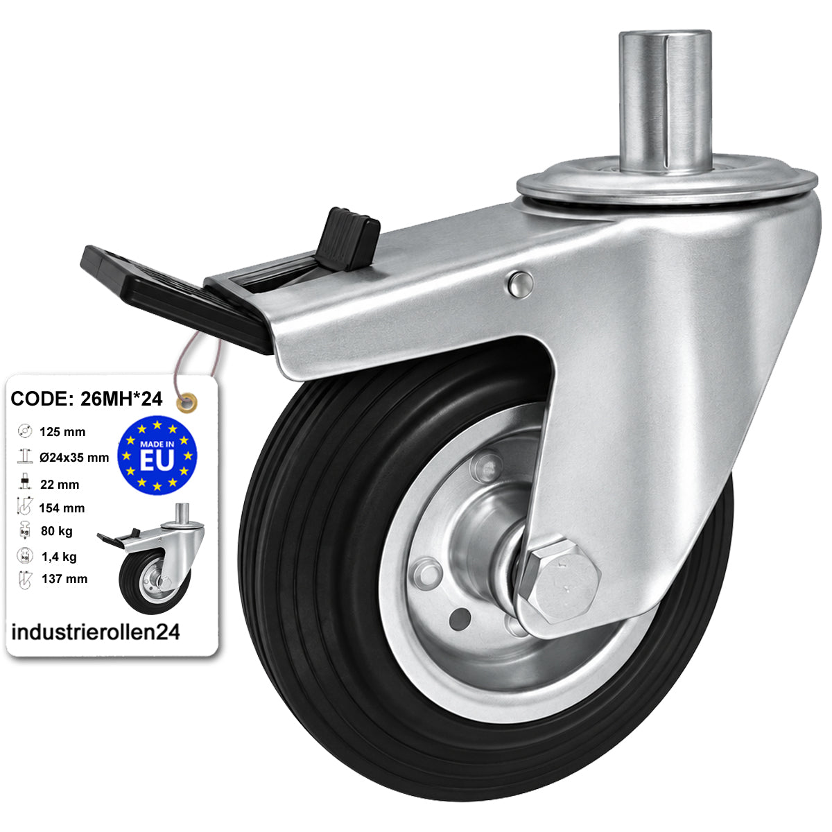 Metall-Gummiräder mit Befestigungsstift und Bremse Lenkrollen  Ø125 mm Code: 26MH*24