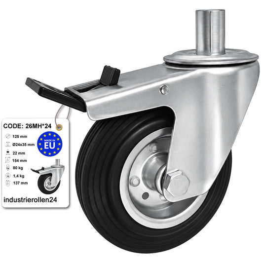 Metall-Gummiräder mit Befestigungsstift und Bremse Lenkrollen  Ø125 mm Code: 26MH*24