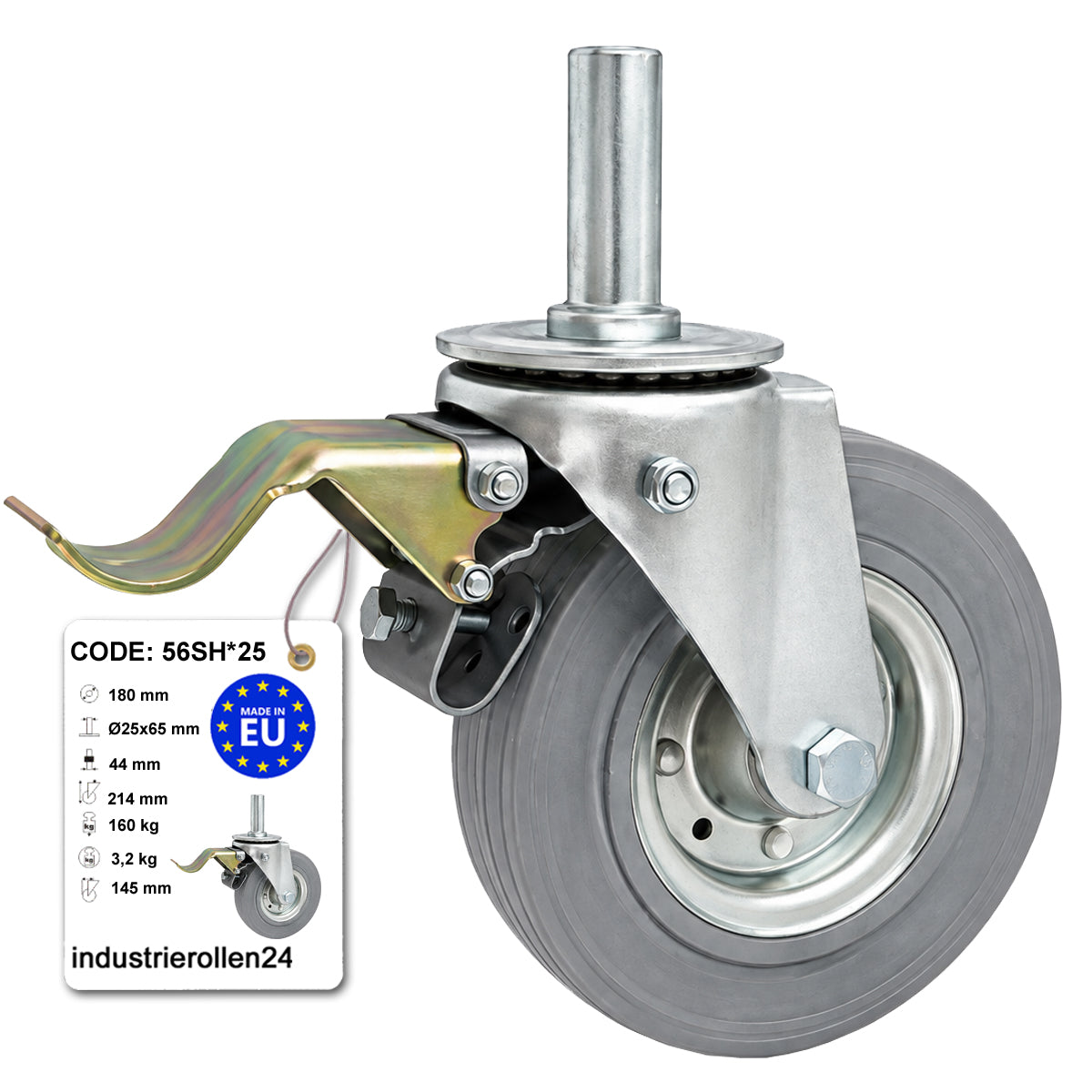 Metall-Gummiräder mit Befestigungsstift und Bremse Lenkrollen  Ø180 mm Code: 56SH*25