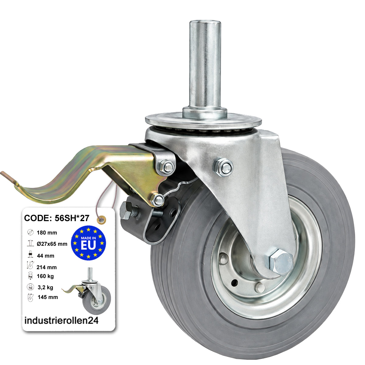 Metall-Gummiräder mit Befestigungsstift und Bremse Lenkrollen  Ø180 mm Code: 56SH*27
