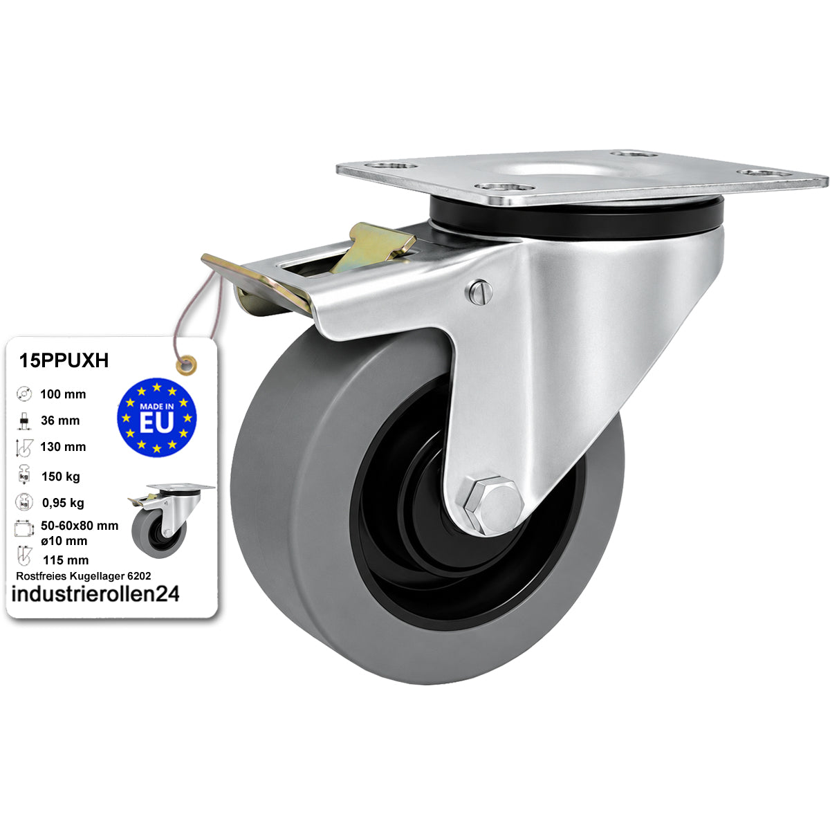 Polypropylen-Polyurethan-Rad mit schwenkbarem Gehäuse und Bremse für Transportwagen und Industrieanwendungen Ø100 mm Code: 15PPUXH