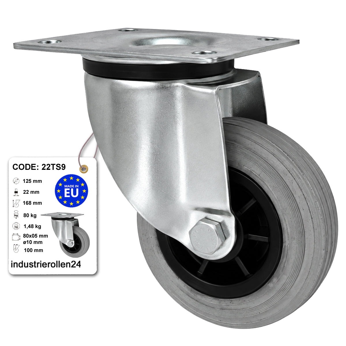 Kunststoff-Gummirrad mit Anschraubplatte Lenkrolle Ø125 mm mit Platte Code: 22TS9