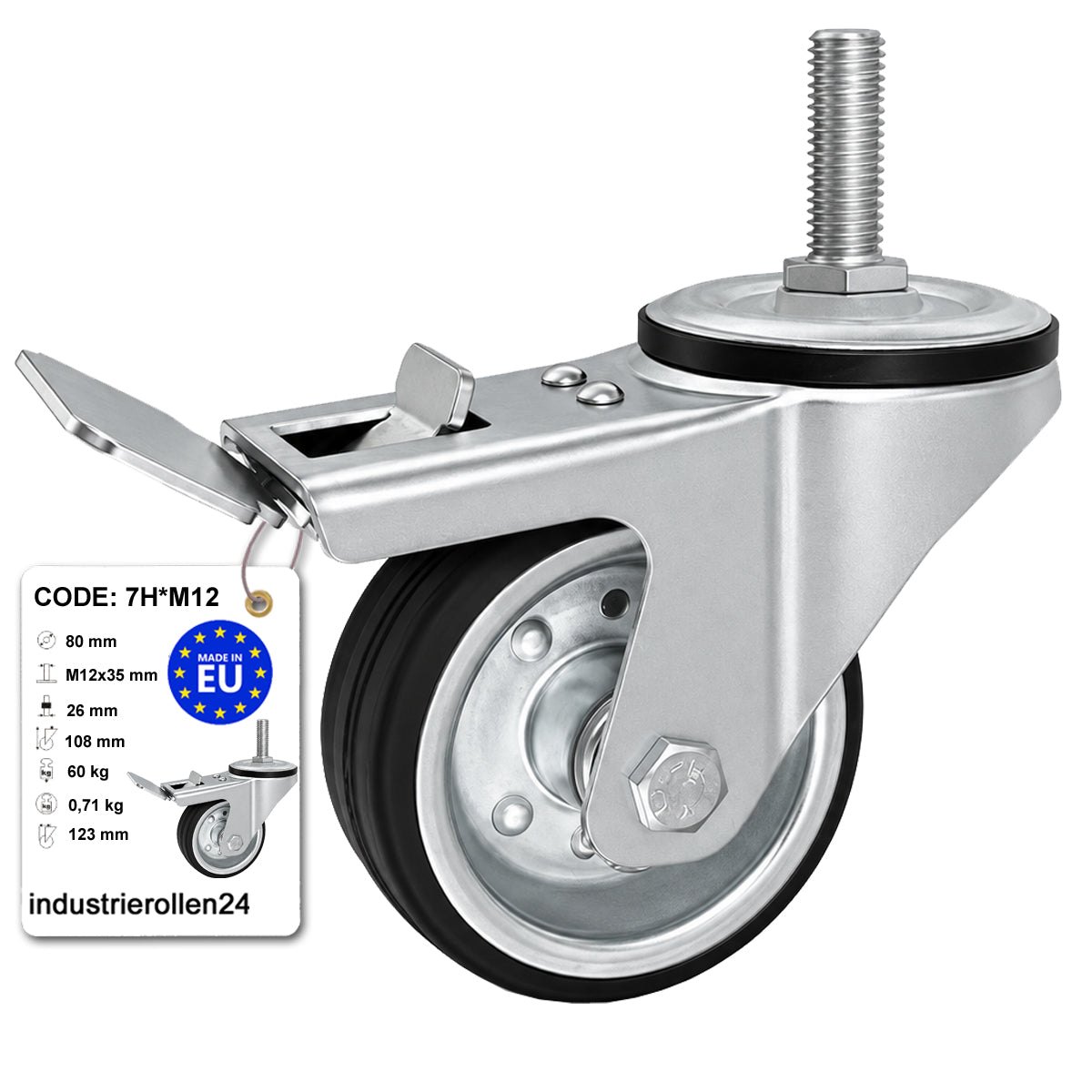 Metall-Gummiräder mit Befestigungsstift und Bremse Lenkrollen  Ø80 mm Code: 7H*M12