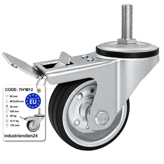 Metall-Gummiräder mit Befestigungsstift und Bremse Lenkrollen  Ø80 mm Code: 7H*M12