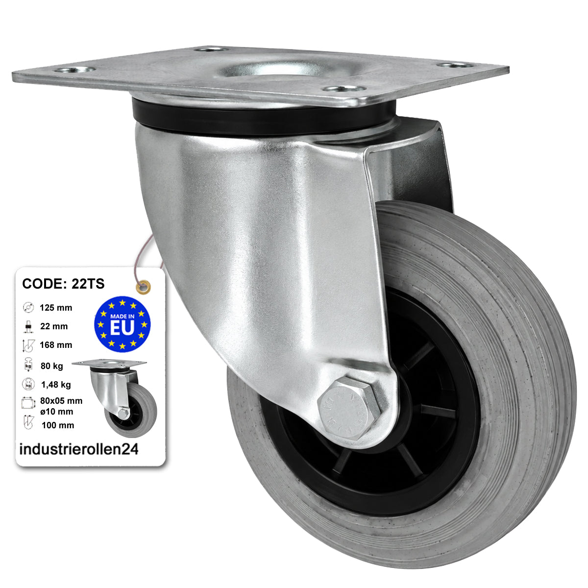 Kunststoff-Gummirrad mit Anschraubplatte Lenkrolle Ø125 mm mit Platte Code: 22TS