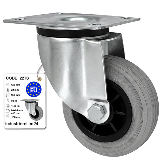 Kunststoff-Gummirrad mit Anschraubplatte Lenkrolle Ø125 mm mit Platte Code: 22TS