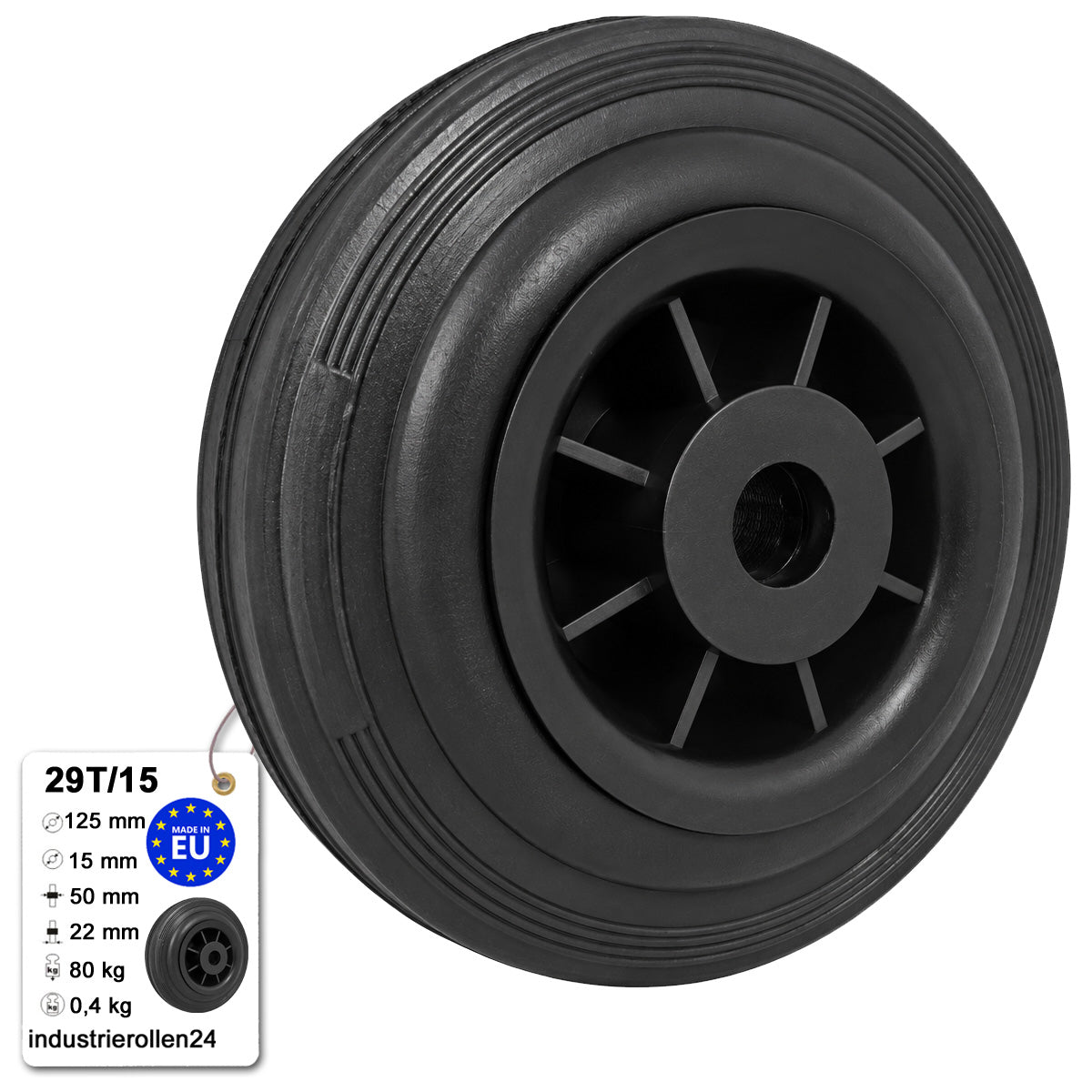 Vollgummi Rad Ø 125 mm mit Polypropylen-Felge Industrie Gummirad Code: 29T/15