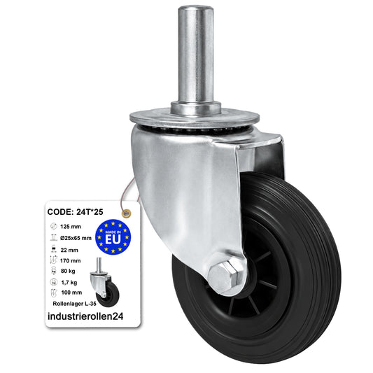 Kunststoff-Gummiräder mit Befestigungsstift Lenkrollen Ø125 mm Code: 24T*25