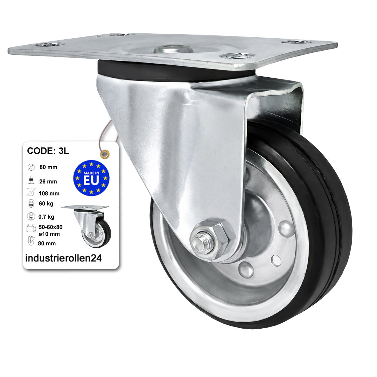 Metall-Gummiräder mit Befestigungsplatte Lenkrolle mit Platte 80 mm Code: 3L