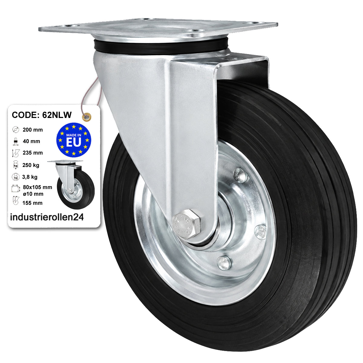 Metall-Gummiräder mit Befestigungsplatte Lenkrolle Ø200 mm mit Platte Code: 62NLW