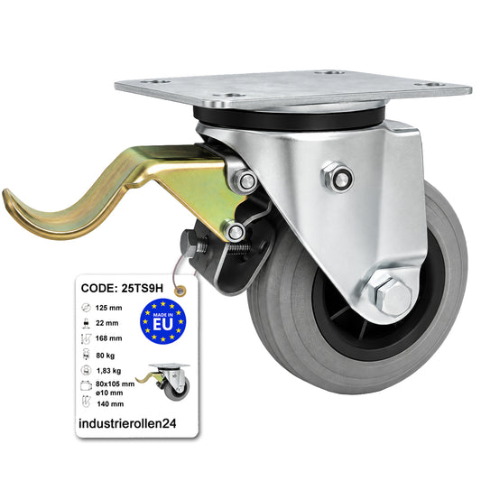 Kunststoff-Gummirrad mit Anschraubplatte und Bremse Lenkrolle Ø125 mm Code: 25TS9H