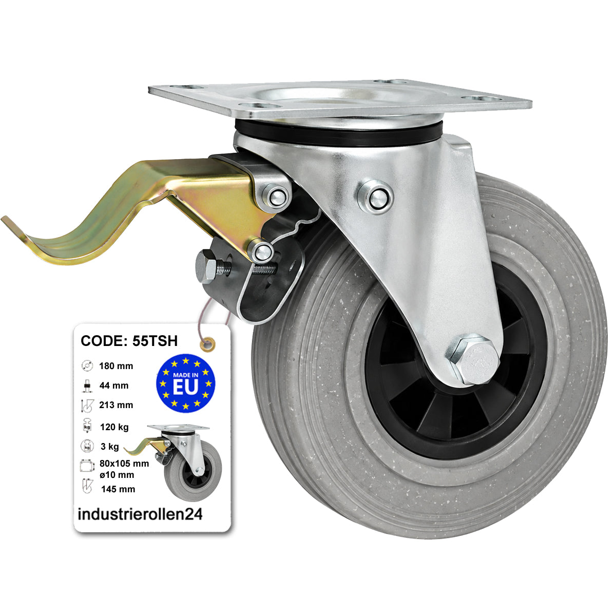 Kunststoff-Gummirrad mit Anschraubplatte und Bremse Lenkrolle Ø180 mm Code: 55TSH