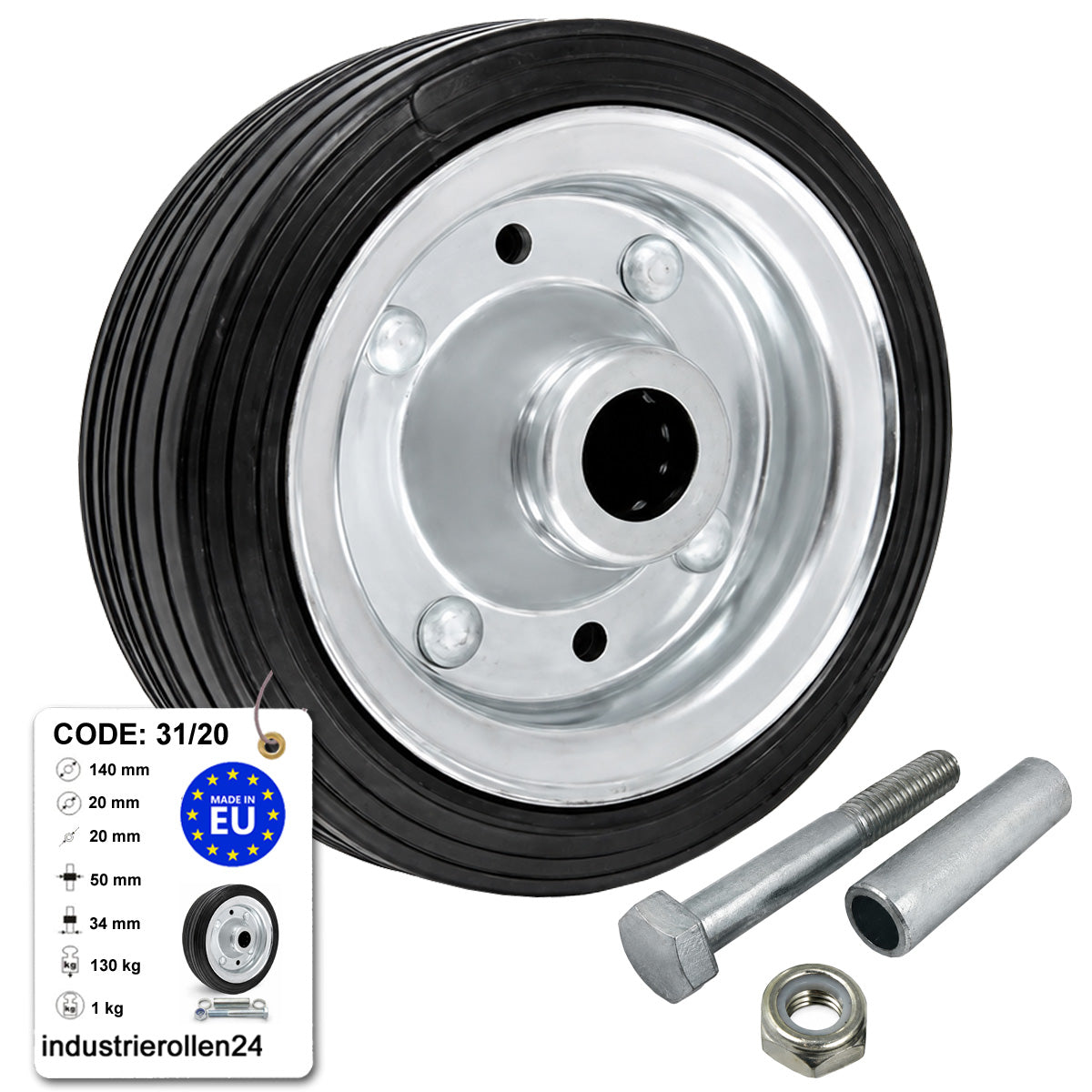 Metall-Gummiräder 140 mm mit Montage-Set – robuste Räder für Transport & Industrie Code: 31/20