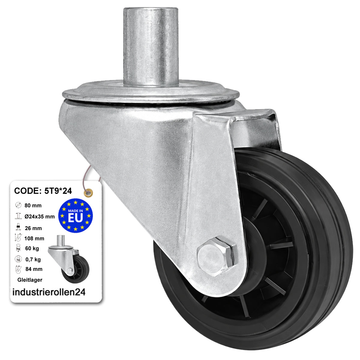 Kunststoff-Gummiräder mit Befestigungsstift Lenkrollen Ø80 mm Code: 5T9*24