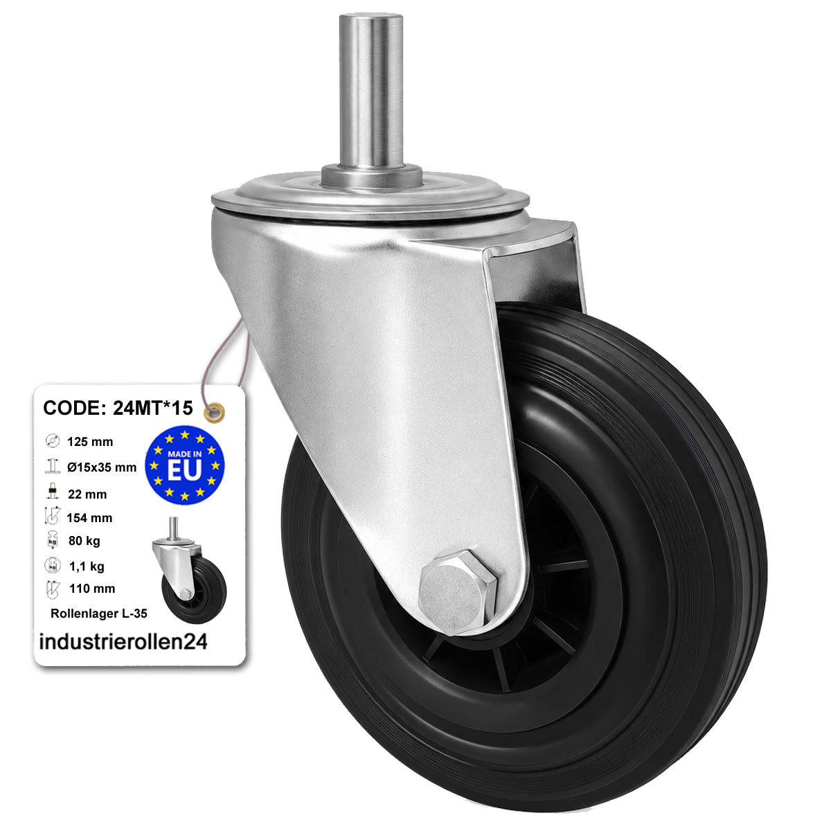 Kunststoff-Gummiräder mit Befestigungsstift Lenkrollen Ø125 mm Code: 24MT*15