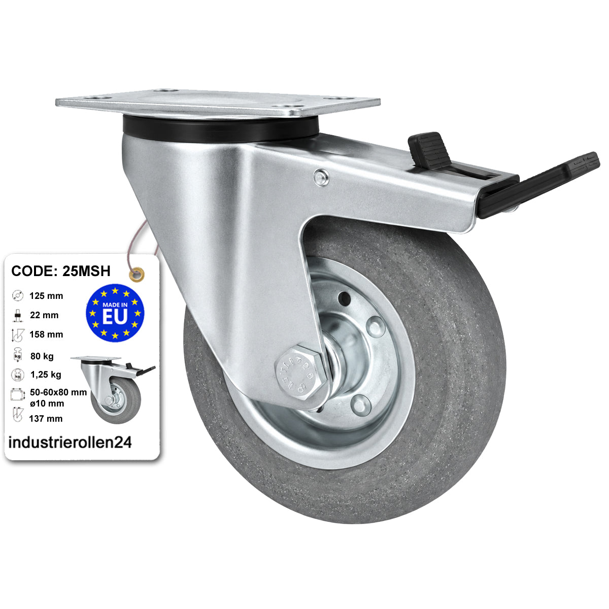Metall-Gummiräder mit Befestigungsplatte und Bremse Lenkrolle Ø125 mm Code: 25MSH