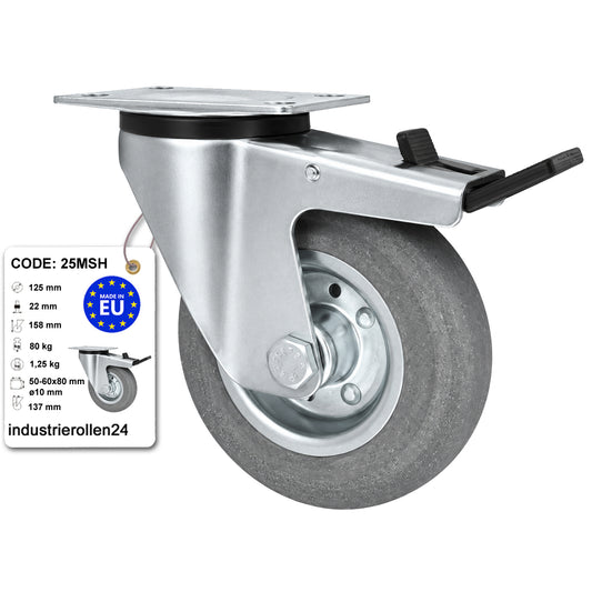Metall-Gummiräder mit Befestigungsplatte und Bremse Lenkrolle Ø125 mm Code: 25MSH