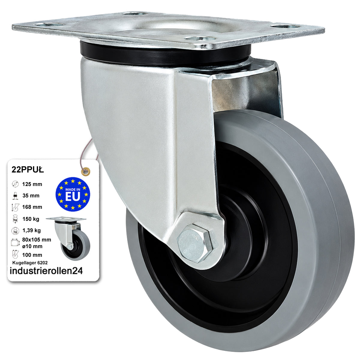 Polypropylen-Polyurethan-Rad  mit schwenkbarem Gehäuse für Transportwagen und Industrieanwendungen Ø125 mm Code: 22PPUŁ