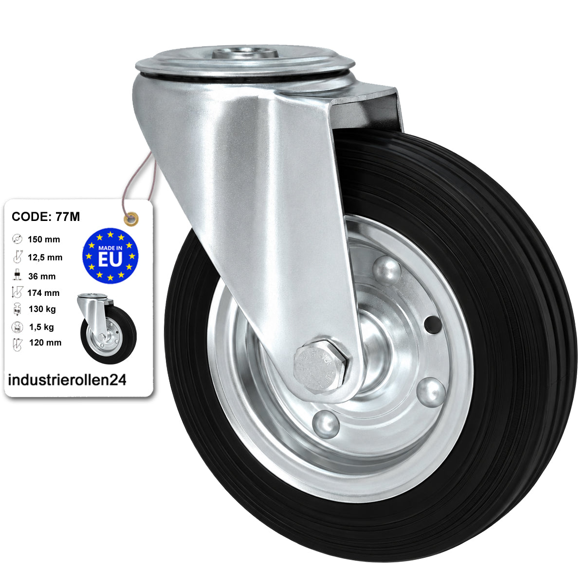 Metall-Gummiräder mit Befestigungsstift mit Zentralbohrung  Ø150 mm Code: 77M
