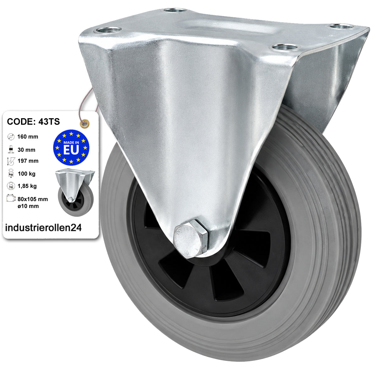 Kunststoff-Gummiräder in Bockrollengehäusen Lenkrolle Ø160 mm mit Platte Code: 43TS