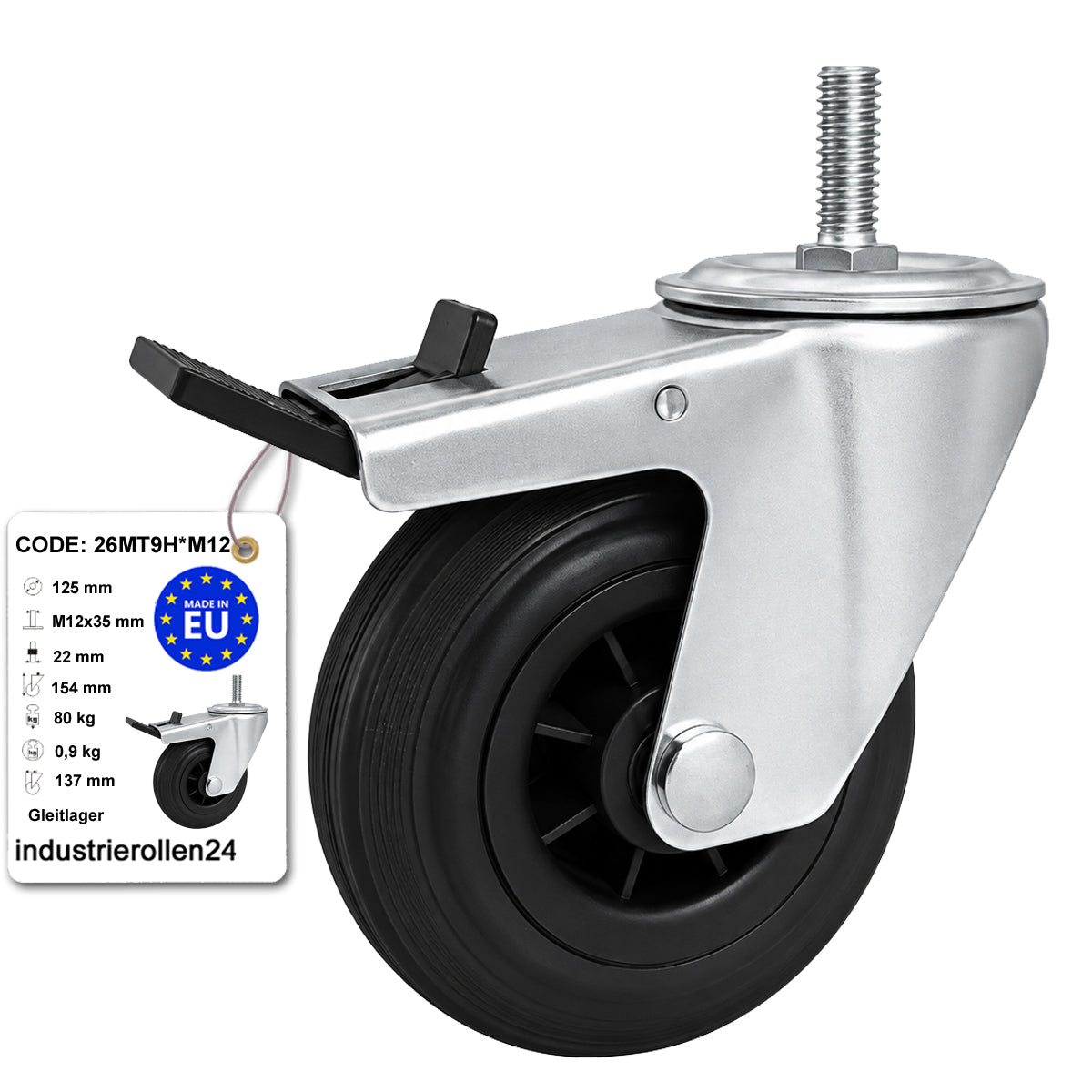 Kunststoff-Gummiräder mit Befestigungsstift und Bremse Lenkrollen  Ø125 mm Code: 26MT9H*M12