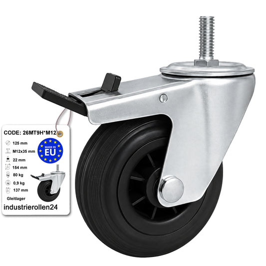 Kunststoff-Gummiräder mit Befestigungsstift und Bremse Lenkrollen  Ø125 mm Code: 26MT9H*M12