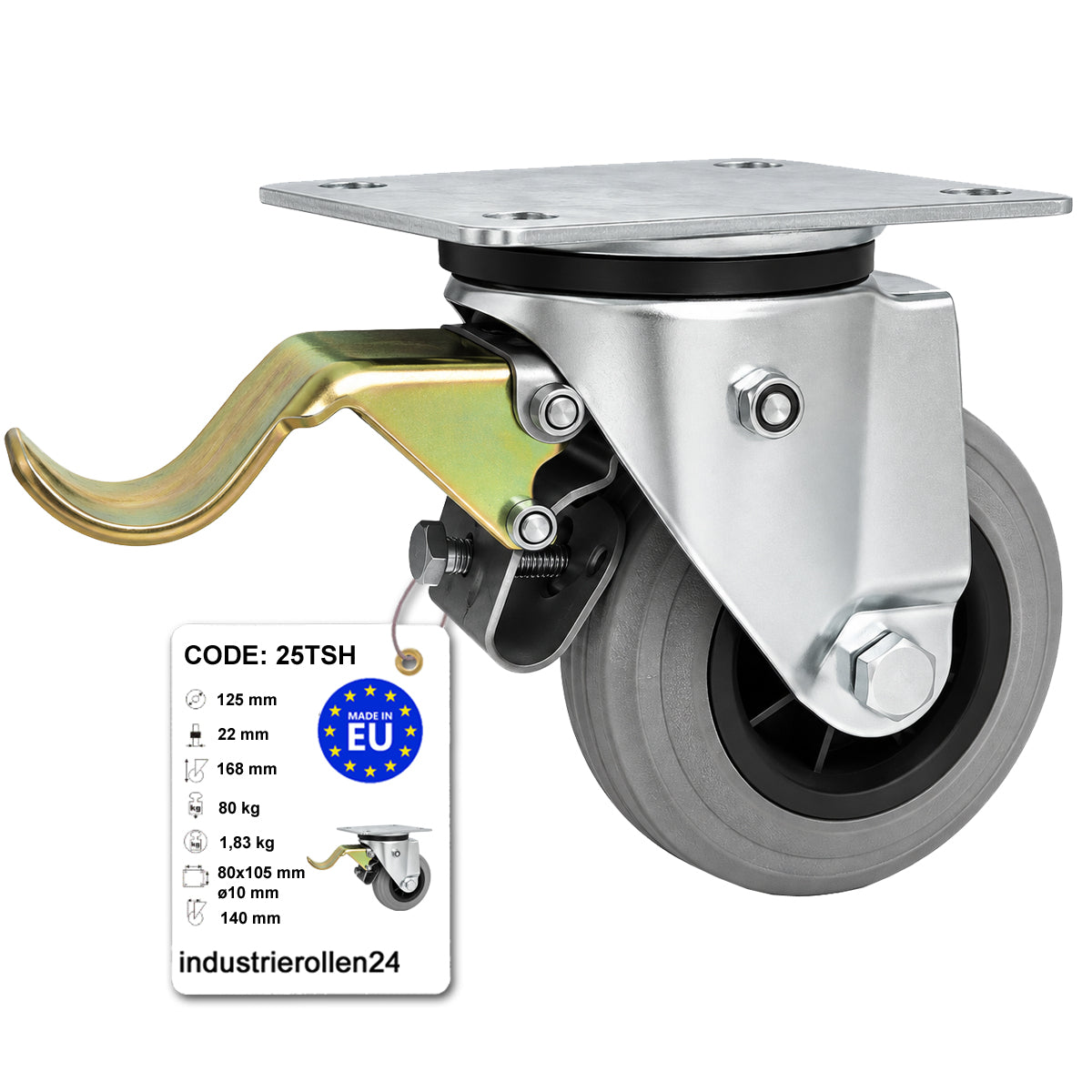 Kunststoff-Gummirrad mit Anschraubplatte und Bremse Lenkrolle Ø125 mm Code: 25TSH