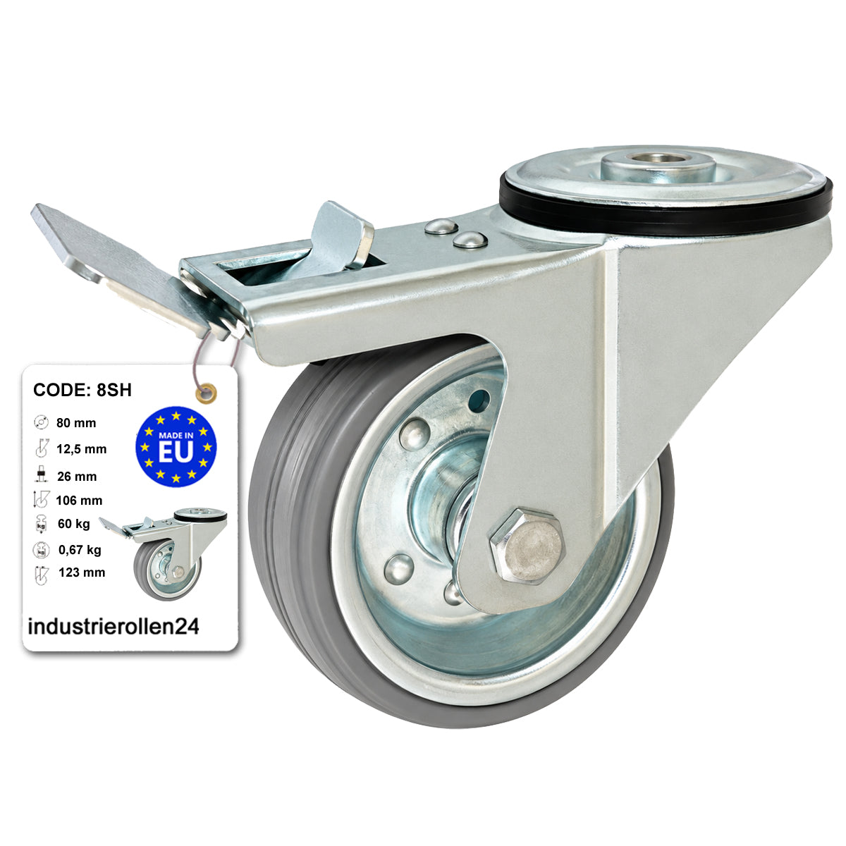 Metall-Gummiräder mit Befestigungsstift mit Zentralbohrung und Bremse Ø80 mm Code: 8SH