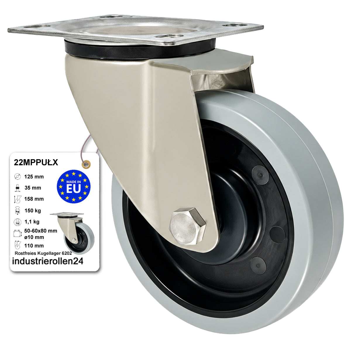 Polypropylen-Polyurethan-Rad  mit schwenkbarem Gehäuse für Transportwagen und Industrieanwendungen Ø125 mm Code: 22MPPUŁX