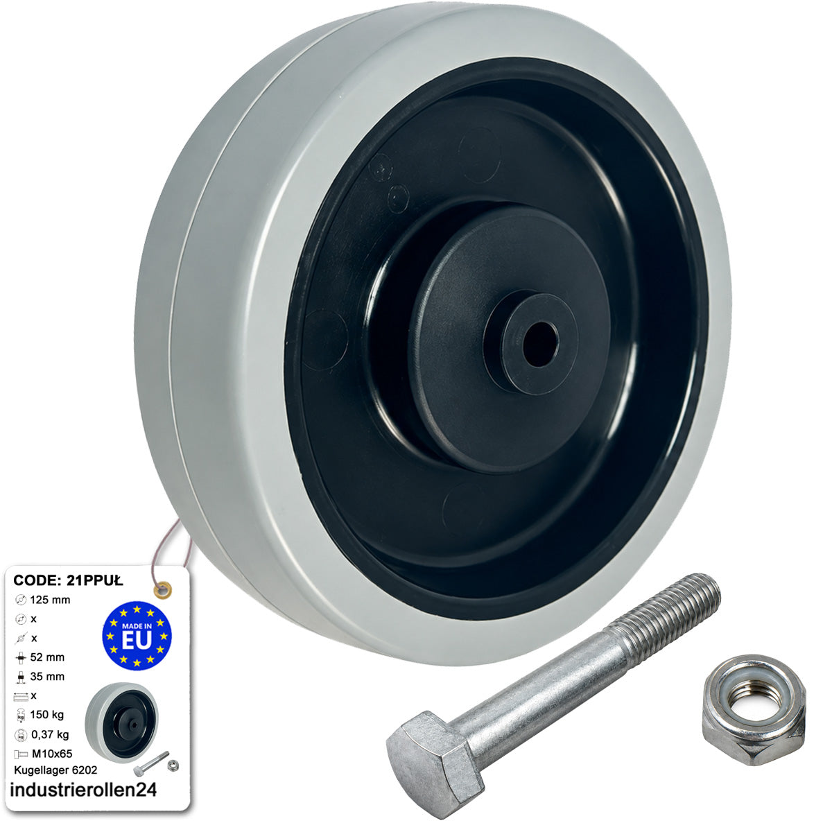 Polypropylen-Polyurethan-Rad mit Montagesatz für Transportwagen und Industrieanwendungen Ø125 mm Code: 21PPUŁX