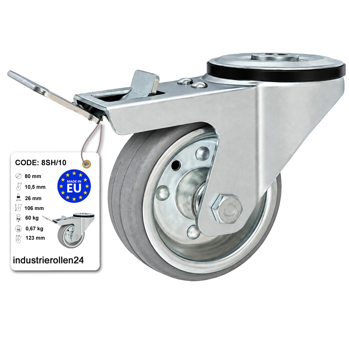 Metall-Gummiräder mit Befestigungsstift mit Zentralbohrung und Bremse Ø80 mm Code: 8SH/10