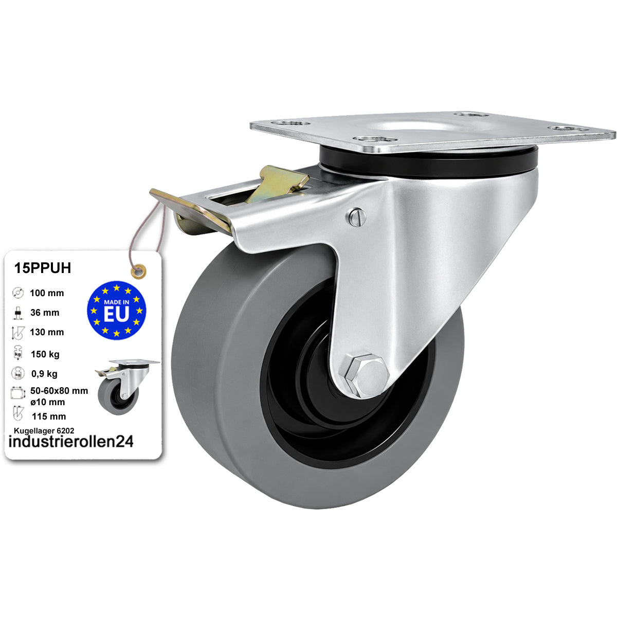 Polypropylen-Polyurethan-Rad mit schwenkbarem Gehäuse und Bremse für Transportwagen und Industrieanwendungen Ø100 mm Code: 15PPUH