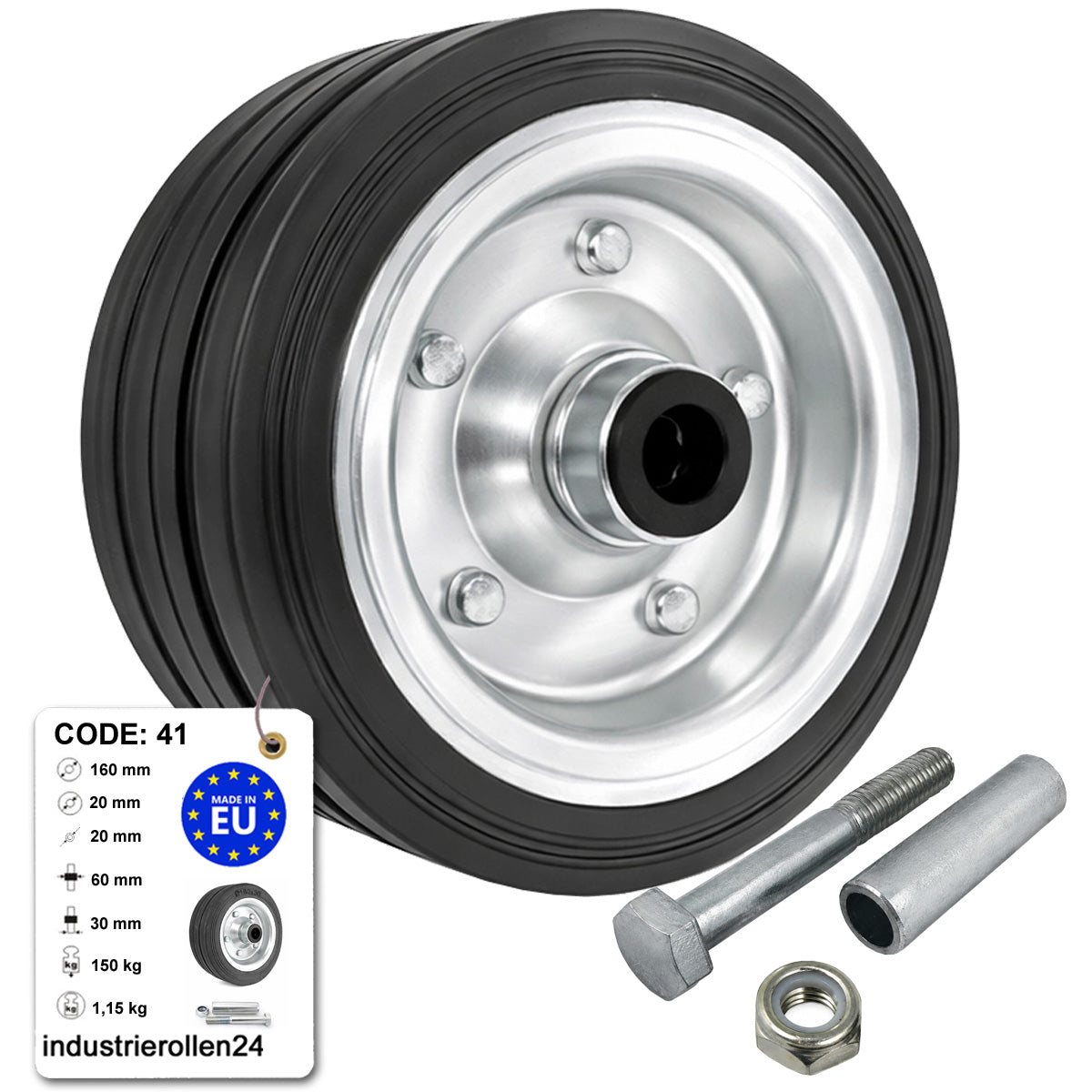 Metall-Gummiräder 160 mm mit Montage-Set – robuste Räder für Transport & Industrie Code: 41