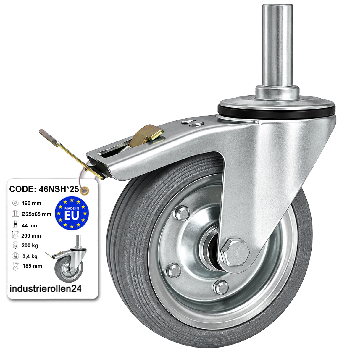 Metall-Gummiräder mit Befestigungsstift und Bremse Lenkrollen  Ø160 mm Code: 46NSH*25