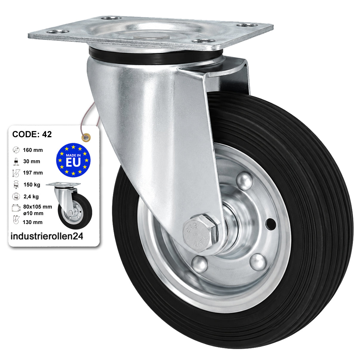 Metall-Gummiräder mit Befestigungsplatte Lenkrolle Ø160 mm mit Platte Code: 42