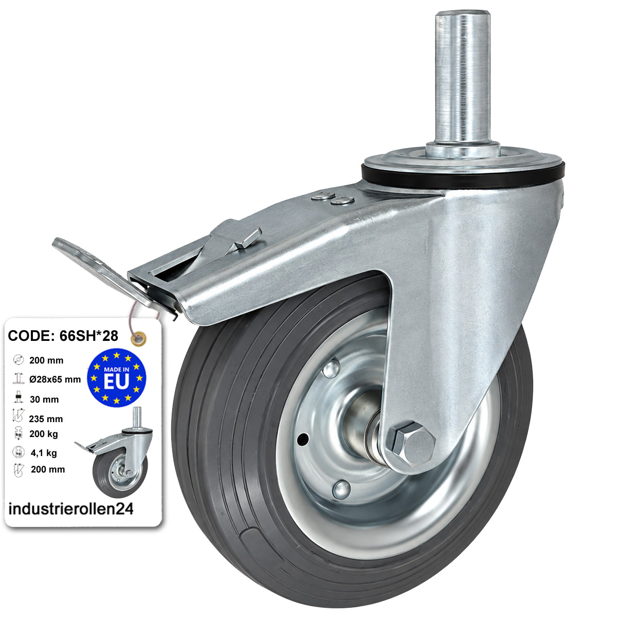 Metall-Gummiräder mit Befestigungsstift und Bremse Lenkrollen  Ø200 mm Code: 66SH*28