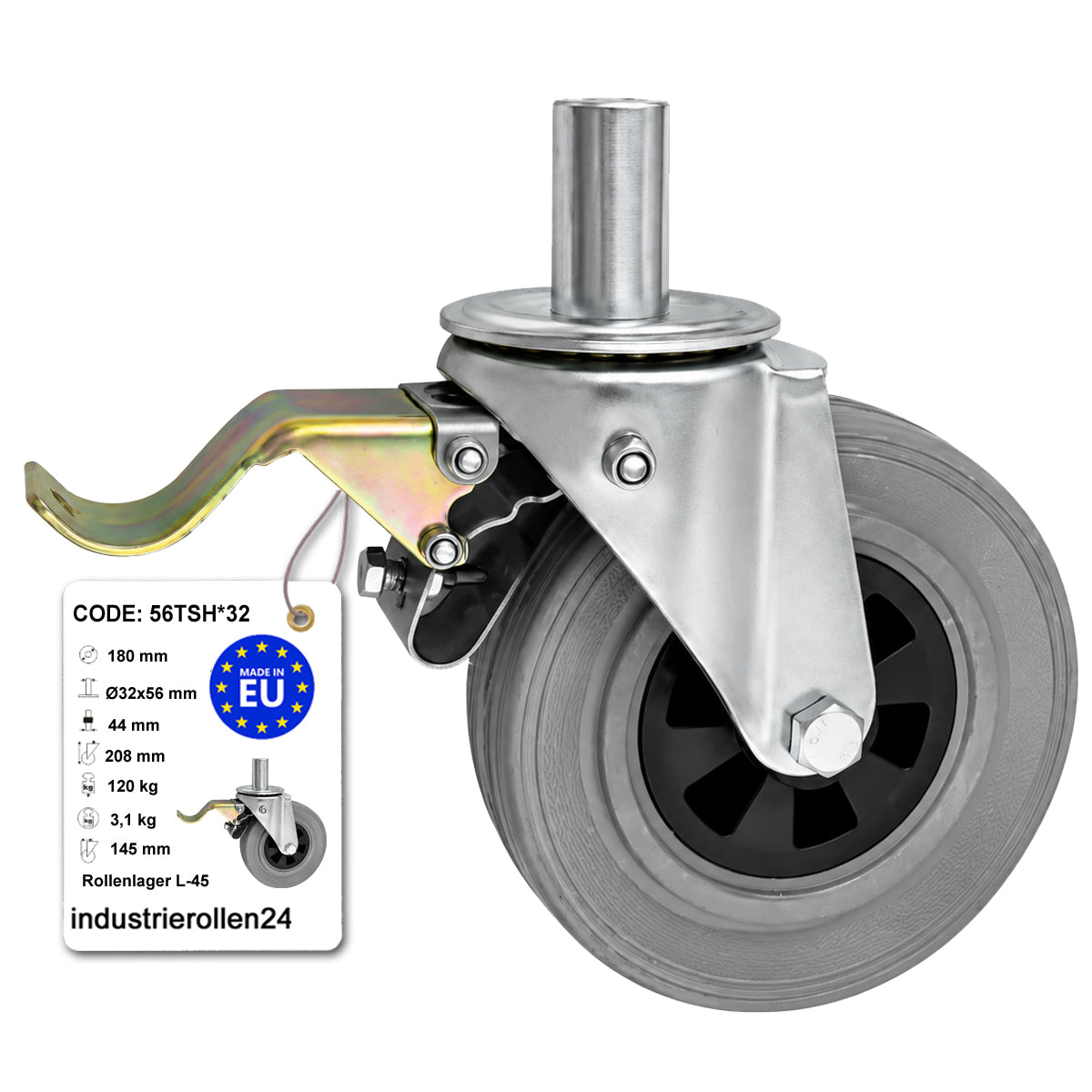 Kunststoff-Gummiräder mit Befestigungsstift und Bremse Lenkrollen  Ø180 mm Code: 56TSH*32