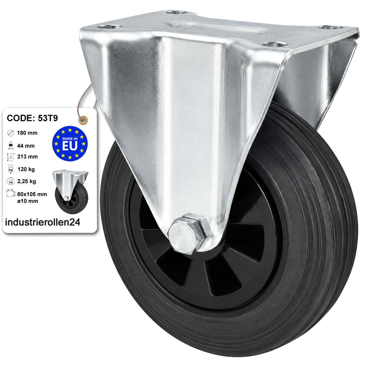 Kunststoff-Gummiräder in Bockrollengehäusen Lenkrolle Ø180 mm mit Platte Code: 53T9