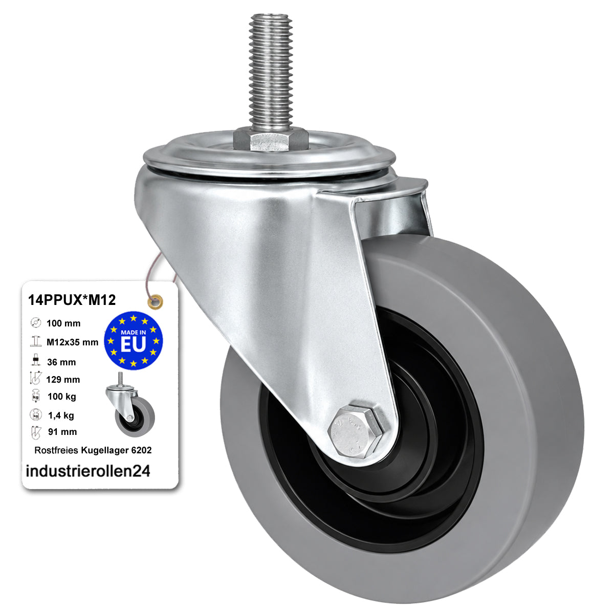 Polypropylen-Polyurethan-Lenkrollen mit Zapfen für Transportwagen und Industrie 100 mm Code: 14PPUX*M12