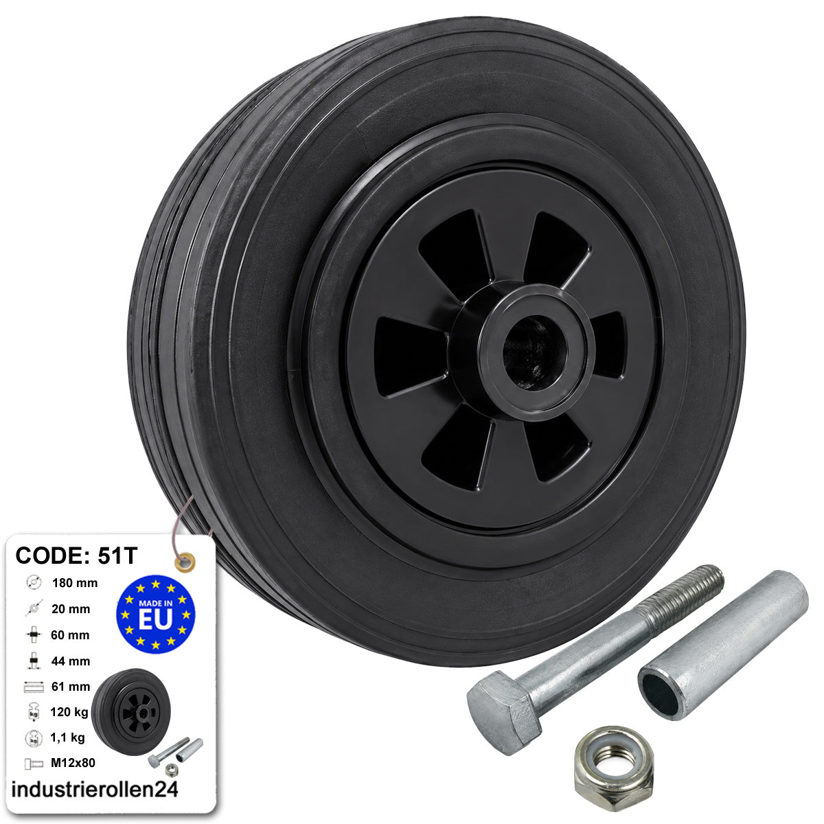 Kunststoff-Gummirrad Ø 180 mm Industrie Gummirad mit Montagesatz Code: 51T