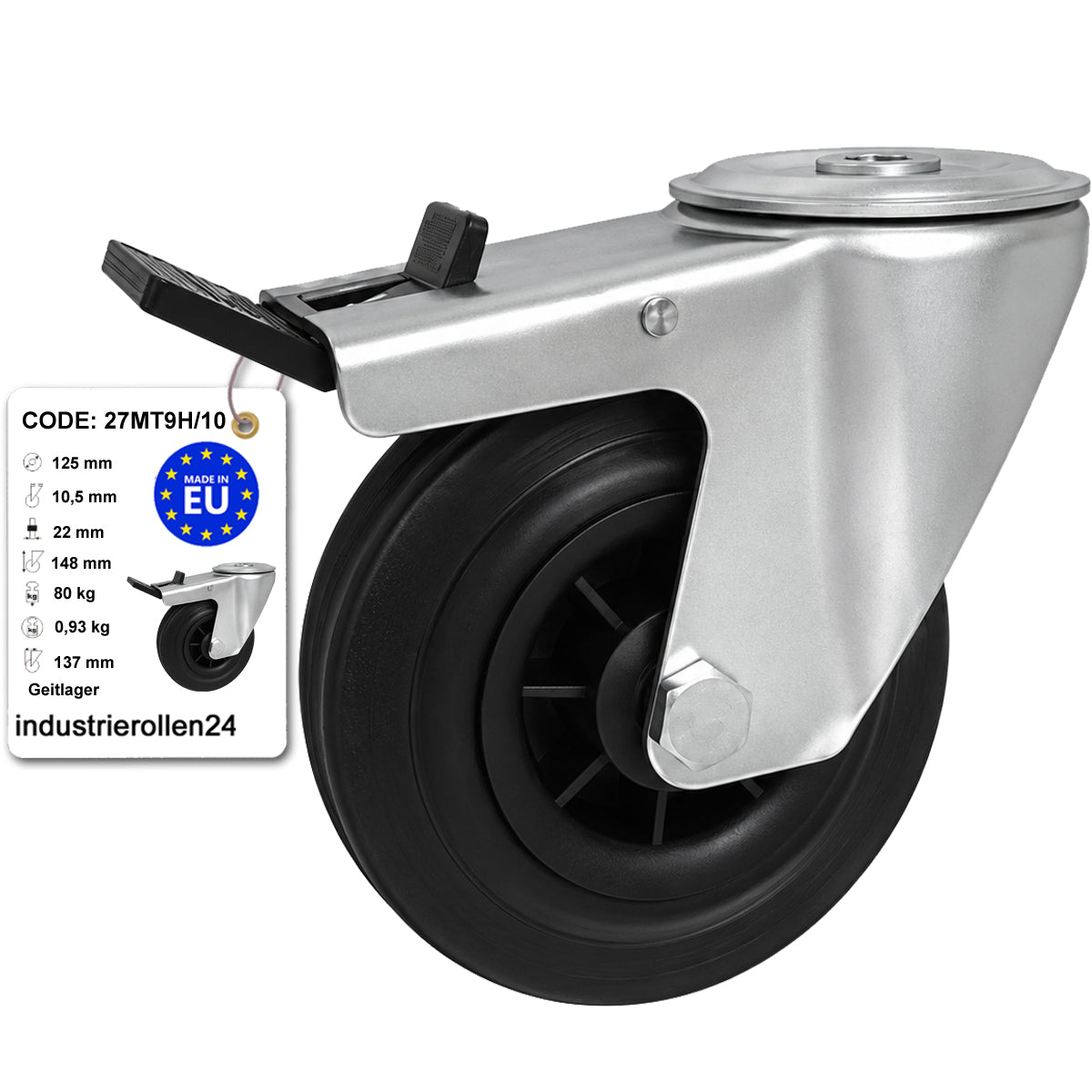 Kunststoff-Gummiräder mit Befestigungsstift mit Zentralbohrung und Bremse Ø125 mm Code: 27MT9H/10