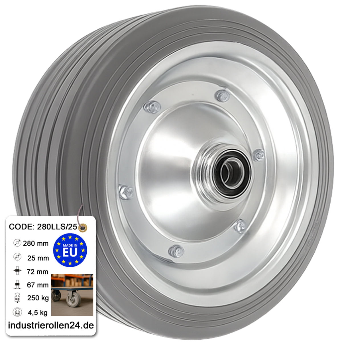 Ersatzrad Ø280 mm – Graues, nicht abfärbendes Vollgummi Industrierad mit Kugellager für Transportwagen, Code: 280LLS/25