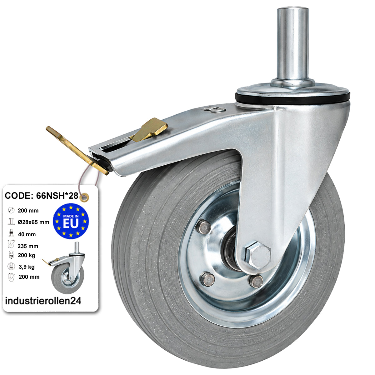 Metall-Gummiräder mit Befestigungsstift und Bremse Lenkrollen  Ø200 mm Code: 66NSH*28