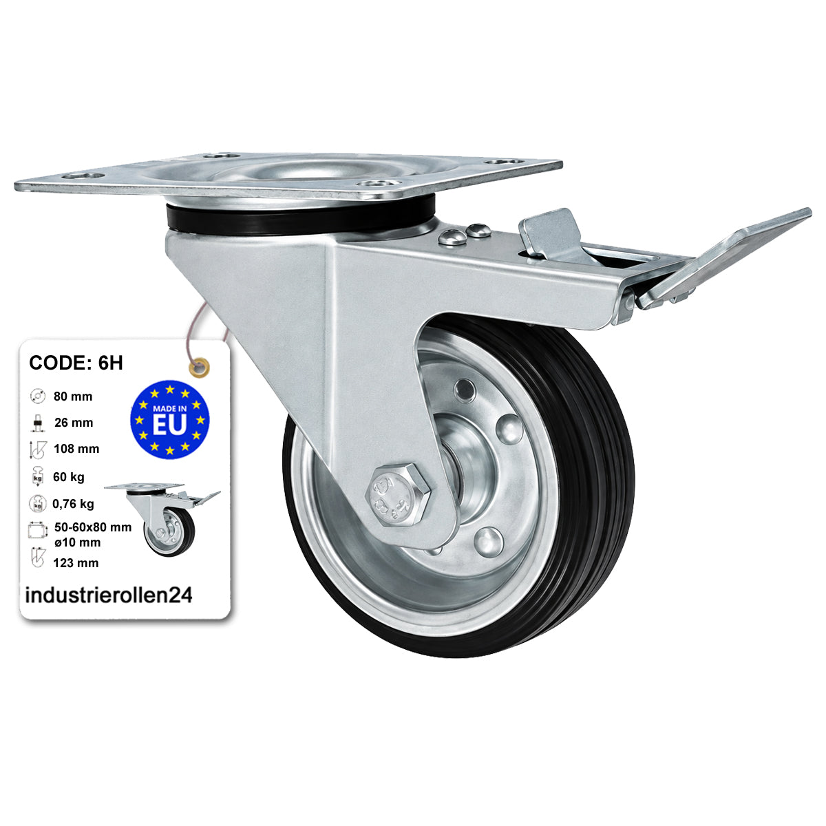 Metall-Gummiräder mit Befestigungsplatte und Bremse  Lenkrolle Ø80 mm Code: 6H