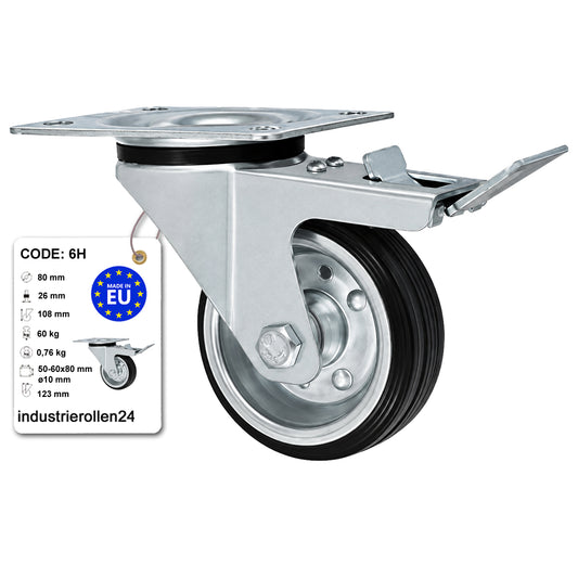 Metall-Gummiräder mit Befestigungsplatte und Bremse  Lenkrolle Ø80 mm Code: 6H