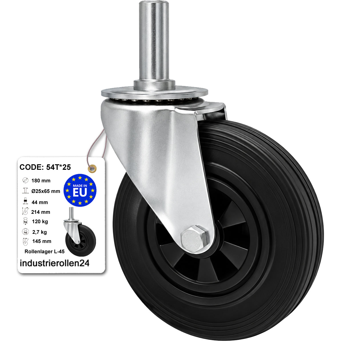 Kunststoff-Gummiräder mit Befestigungsstift Lenkrollen Ø180 mm Code: 54T*25