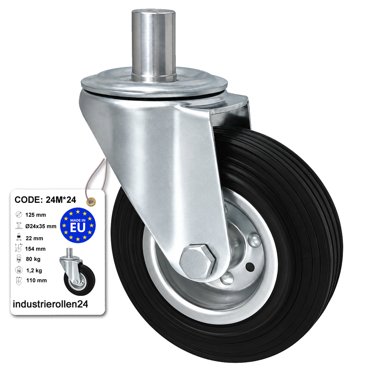 Metall-Gummiräder mit Befestigungsstift Lenkrollen Lenkrollen Ø125 mm Code: 24M*24