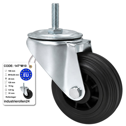 Kunststoff-Gummiräder mit Befestigungsstift Lenkrollen Ø100 mm Code: 14T*M10